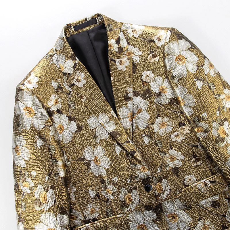 2023 Golden Flower Western Fitted Jakke Guld Printed Suit Top Mænd