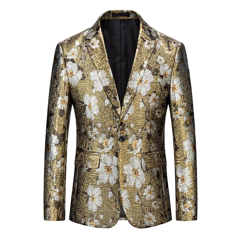 2023 Golden Flower Western Fitted Jakke Guld Printed Suit Top Mænd