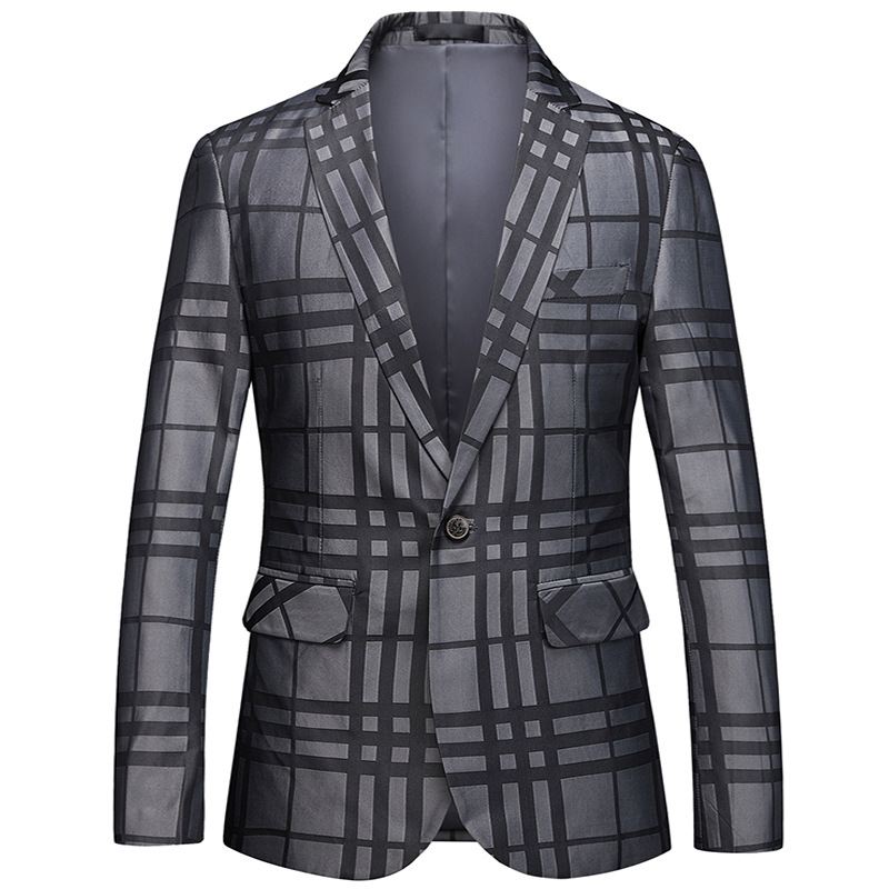 Mænd Business Casual One Button Suit Top Plaid Lille Jakkesæt Jakke