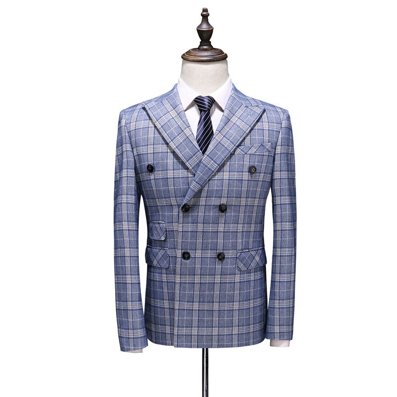 Herredragt Business Casual Plaid Dobbeltradet Jakkesæt Tredelt Brudgom Brudekjole Forlovere