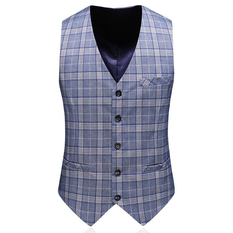 Herredragt Business Casual Plaid Dobbeltradet Jakkesæt Tredelt Brudgom Brudekjole Forlovere