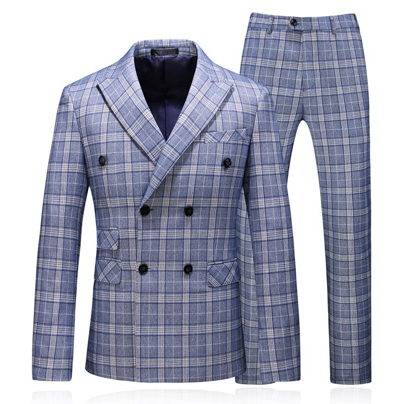 Herredragt Business Casual Plaid Dobbeltradet Jakkesæt Tredelt Brudgom Brudekjole Forlovere