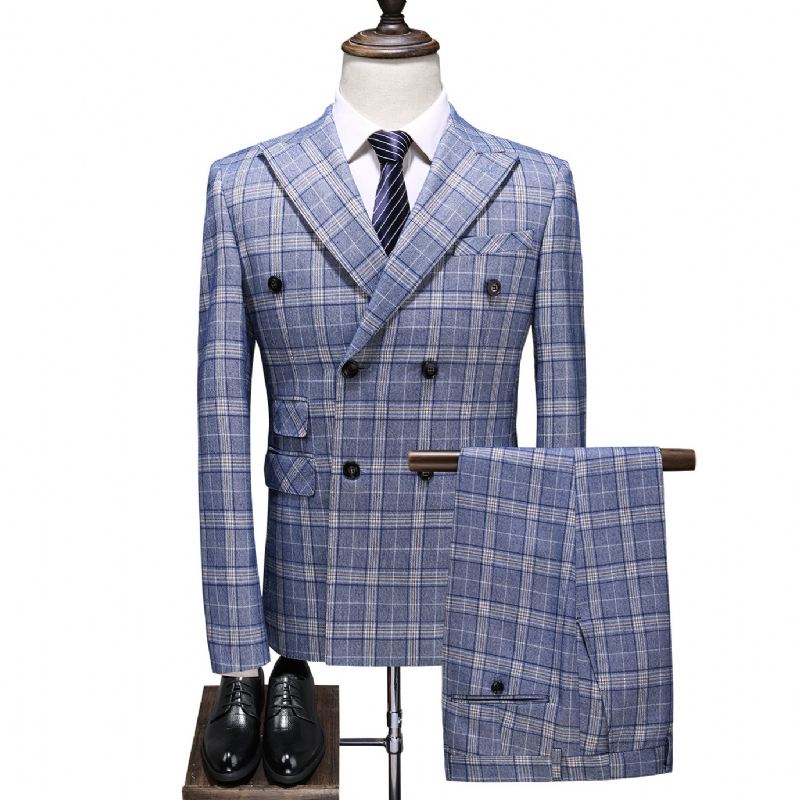 Herredragt Business Casual Plaid Dobbeltradet Jakkesæt Tredelt Brudgom Brudekjole Forlovere