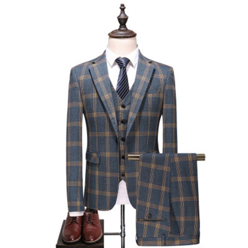 Jakkesæt Til Mænd Bryllup Mænds Slanke Tredelt Plaid Blanding Mode Britisk Groomsmen