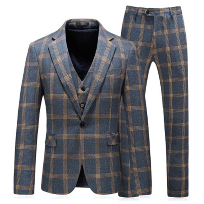 Jakkesæt Til Mænd Bryllup Mænds Slanke Tredelt Plaid Blanding Mode Britisk Groomsmen